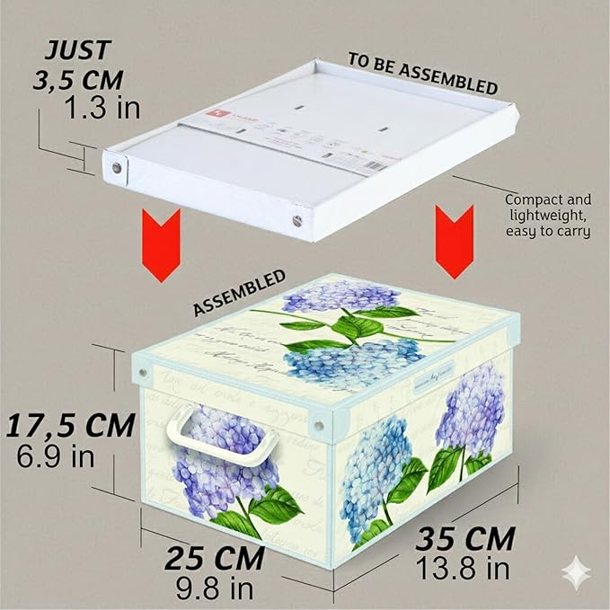 Lavatelli: Storage Box: Small - Hortensia Hydrangeas - Lid-Side Handles, Decorative Cardboard Organizer, Folds, Home-Clothes-Linens, 13.8 x 9.8 x 6.9