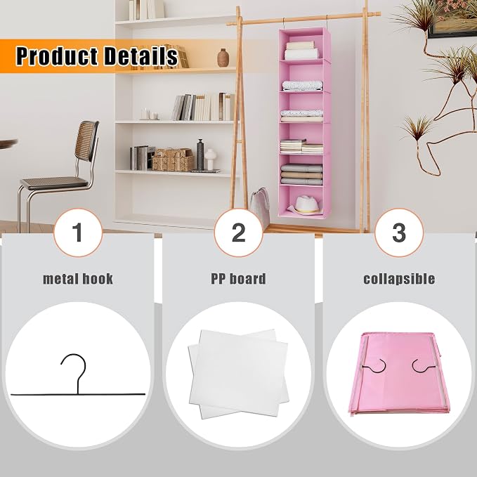 Hanging Closet Organizer 6-Shelf, Oxford Fabric Wardrobe Storage, Pink | Easy-mount foldable design holds clothes, handbags, shoes & accessories; washable Oxford fabric, sturdy and space-saving.