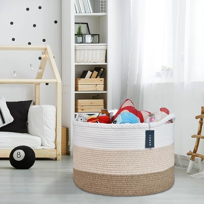 COMSE Extra Large Blanket Basket, Woven Laundry Basket, 21.7”x 13.8”, Nursery Hamper, Cotton Rope Laundry Hamper Living Room for Storage Toys Clothes Towels(White & Gradient Brown)