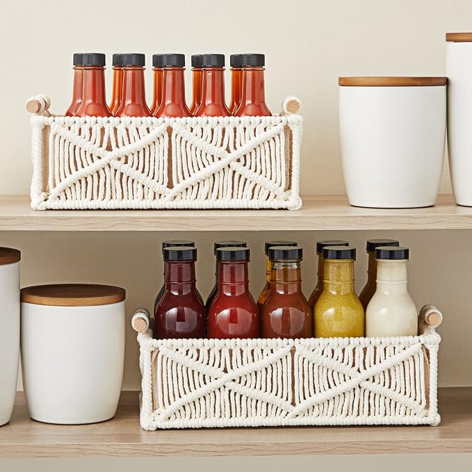 Okuna Outpost Macrame Storage Basket Set - Macrame Shelf Baskets for Storage - Cotton & Wood Handle Organizer for Bathroom & Nursery Decor - Pack of 2, Ivory, 13.5 x 6.5 x 4 & 12 x 5.5 x 4 in