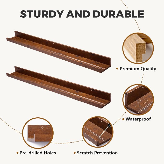 Muzilife 35.4" Large Floating Shelves Wood Wall Shelf with Lip, 2Pcs, Honey | FSC-Certified Wood | 20 lbs Capacity | Space-Saving | Hanging Shelf | Wall Decor| Bedroom,Living Room,Bathroom,Kitchen,Office