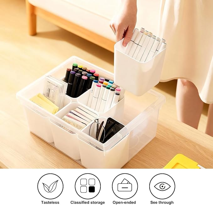 Plastic Storage Bins with Lids, Art Craft Supply Organizer Box with Brush Pot, Multipurpose Stackable Storage Containers for Organizing Tool, Craft, Crayon,Sewing(Yellow)