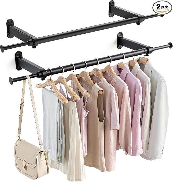 Luxspire Wall Mounted Clothes Rack, Industrial Pipe Clothing Rack, 28" Heavy Duty Extendable Iron Garment Bar, Multi-Purpose Hanging Rods for Clothes Bedroom, Laundry Room, Closet 2 Pack, Black