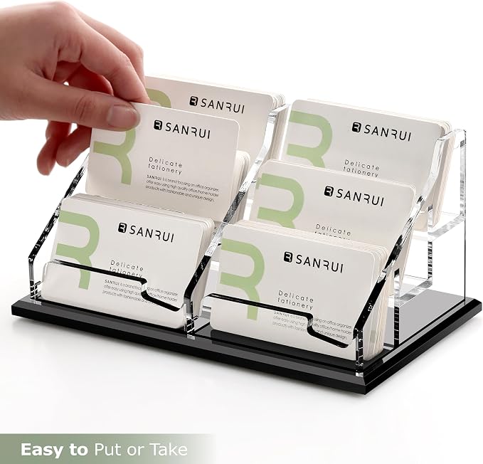 SANRUI Black Business Card Holder for Desk 6 Slot , Clear Acrylic Horizontal Name Card Stand for Women and Men, Desktop Organizer Display for Office Home Exhibition - 360 Card Capacity 1 Pack