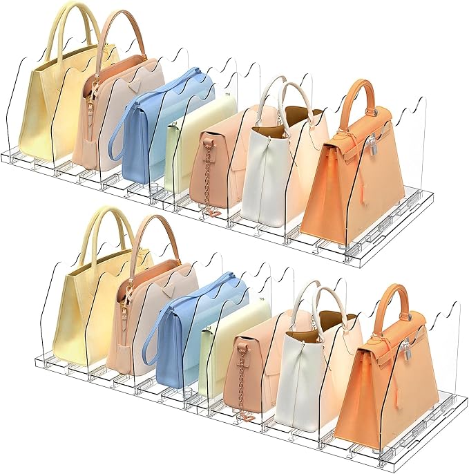SOYO Adjustable Clear Purse Organizers for Closet, Acrylic Shelf Divider for Bag and Purse Storage, Pocketbook and Handbag Organizer, Bookshelf Separator Organizers for House, Office Use, Clear，2pc