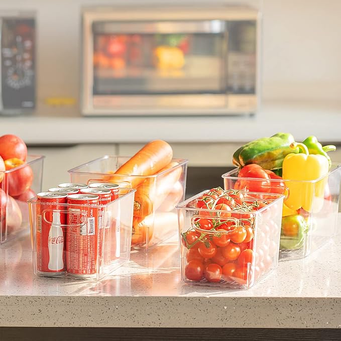 Set Of 8 Clear Pantry Organizer Bins - Plastic Stackable Fridge Organizer Bins For Kitchen, Cabinet And Countertops - BPA Free (4 Small & 4 Large)