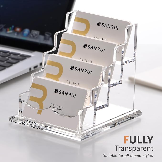 SANRUI Clear Acrylic Business Card Holder for Desk Display Stand Holders Organizer Rack, 4 Tier 4 Pocket, Holds 200 cards