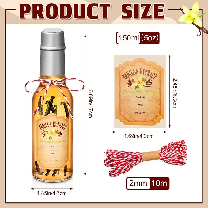 Tioncy 16 Pcs Empty Vanilla Extract Bottles for Homemade Vanilla Jar Glass Bottle with Cap, Shrink Band, Sticker DIY Crafts Wedding Gift Food Storage Canister for Bean(Multicolour,5 oz)