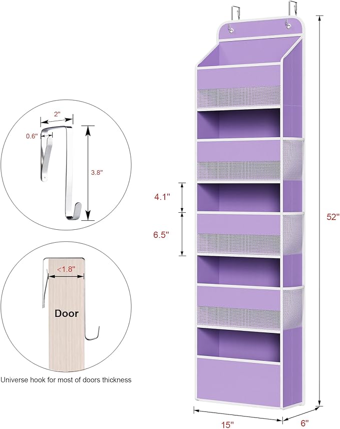 Univivi 5-Shelf Over The Door Hanging Organizer, Back of Door Organizer With 5 Compartments 6 Side Pockets for Baby Bedroom and Bathroom Storage (Purple)