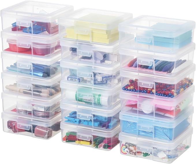 18 Pack Small Plastic Hobby Art Craft Organizer,Storage Containers | Stackable Design, Clear, Latching Lid, High-Grade Material, for Pencil Box, for Crayon