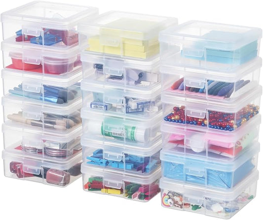 18 Pack Small Plastic Hobby Art Craft Organizer,Storage Containers | Stackable Design, Clear, Latching Lid, High-Grade Material, for Pencil Box, for Crayon