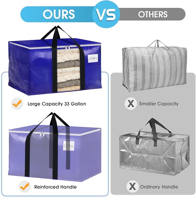BlissTotes 6 Pack Moving Bags with Clear Window, Storage Bags with Strong Carrying Handles & Zippers,Large Packing Bags for Saving Space, Alternative to Moving Boxes(Blue,33 Gallon)