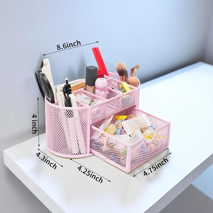 Newkita Desktop Organizer with Pencil Pen Holder and Accessories Offering 8 Compartments and 1 Drawer for Home, School and Office. (Cherry Blossom Pink)