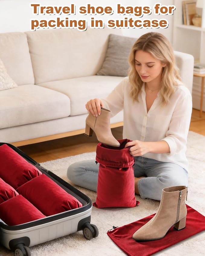 6 Pcs Single Shoe Bags for Travel, Dust Velvet Bag, Rio Red, 17.3x8.6 Inch | Washable & Reusable Travel Shoe Bags, Dustproof Shoe Bags with Drawstring Closure, Suitable for Travel, Home Storage