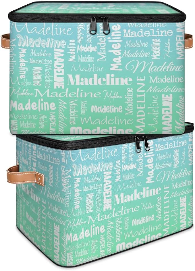 Custom Storage Basket with Name, Personalized Keepsake Box with Zipper Lid, Foldable Fabric Memory Bin Large capacity with Handle Bright Green Blue
