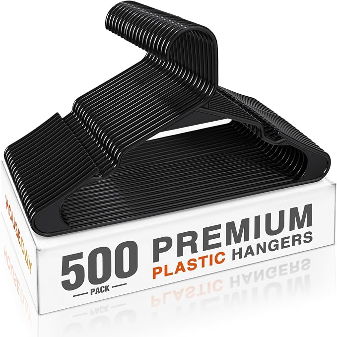 HOUSE DAY 500 Pack Plastic Clothes Hangers, Commercial Bulk Shipment for Business, Sturdy Durable Notched Hangers Ideal for Retail Dry Cleaners Warehouses, Save Cost & Warehouse Space - Black