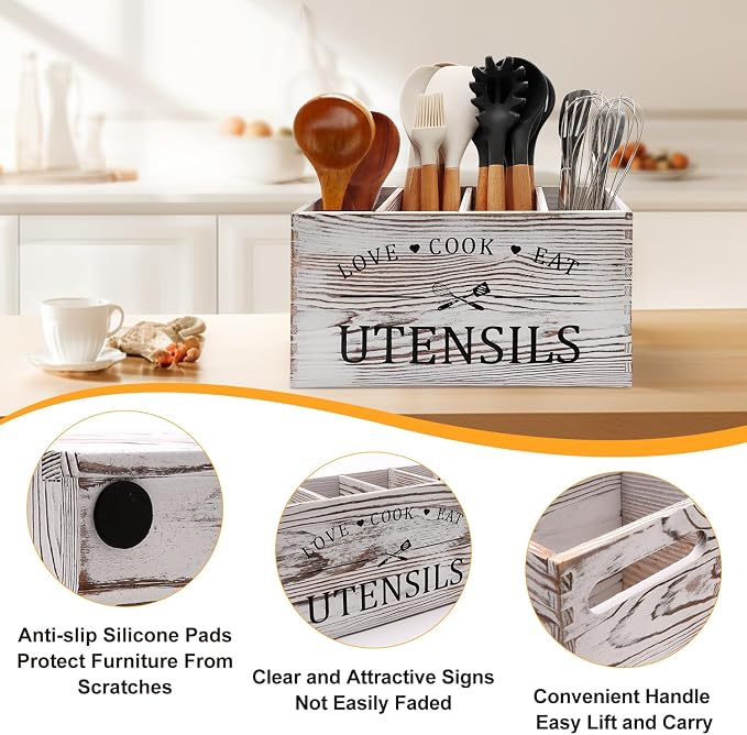 Rustic White Wooden Cooking Utensil Holder for Kitchen Large Spoon Holders | Farmhouse Wood Utensil Crock Kitchen Countertop Decor Utensil Organizer Storage Kitchen Tools Spatula Holder Silverware Caddy