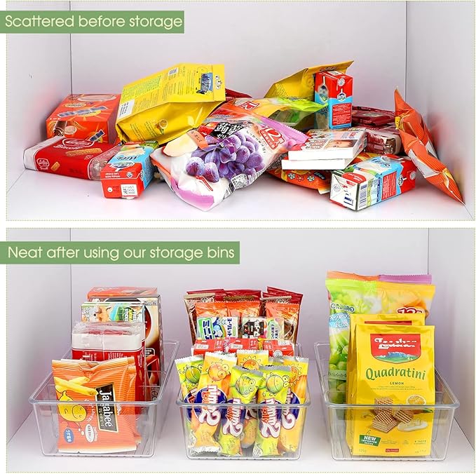 ZIZOTI Snack Organizer for Pantry Shelf, 2 Pack Clear Plastic Pantry Storage Bins with 3 Dividers for Snacks, Spices, Chips Food Organizer, Stackable Pantry Organizers for Kitchen, Fridge, Cabinet