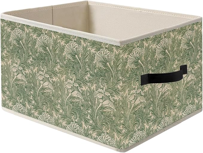William Morris Inspired Floral Storage Bin Box with Handles, Vintage Green and White Tulip Flower Foldable Organizer Basket Toybox for Home Bedroom Bathroom Clothes Toys Books