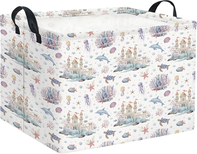 Rectangular Kids Storage Basket Boys for Home Kitchen Girls Cute Storage Bin Organizer Shelf Book Room Decor(Sea Castle)