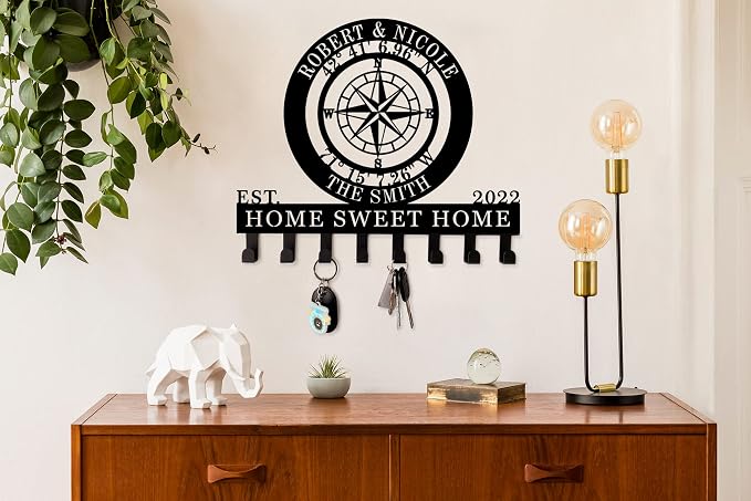 Key Holder for Wall with Nautical Compass GPS Coordinates, Key Hanger Decor for Kitchen, Entryway, Hallway, Office, Doorway Housewarming Gifts New Home