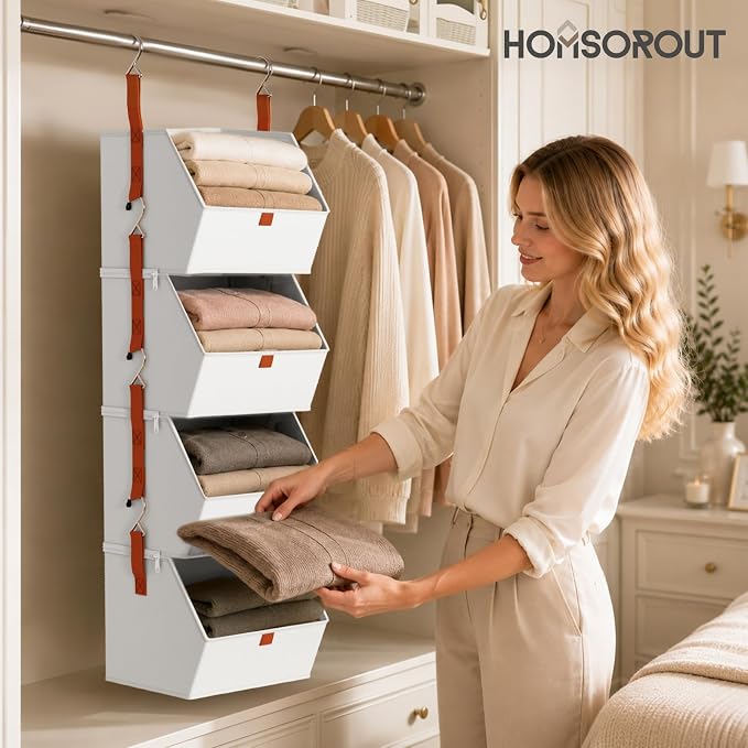 Homsorout Collapsible Hanging Closet Organizer - 6 Tier Closet Shelves Storage System with Hooks, Fabric Hanging Storage Bins for Clothes, Foldable Storage Basket for Laundry, Bedroom, Rv, White