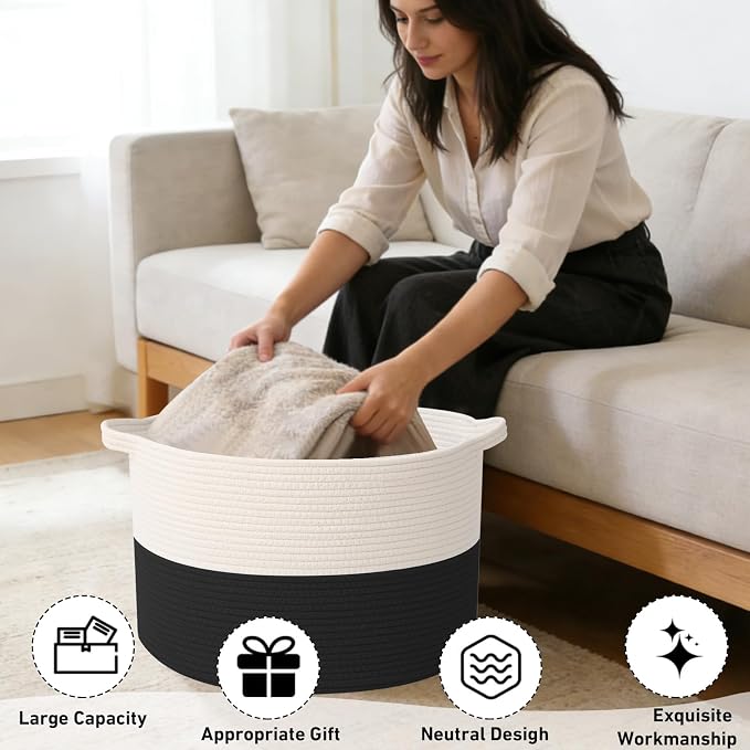 90L Extra Large Blanket Basket,Rope Woven Storage Basket with Handles, Laundry Hamper for Toys, Clothes, Pillows & Towels, Perfect for Living Room, Nursery & Bedroom,White&Black