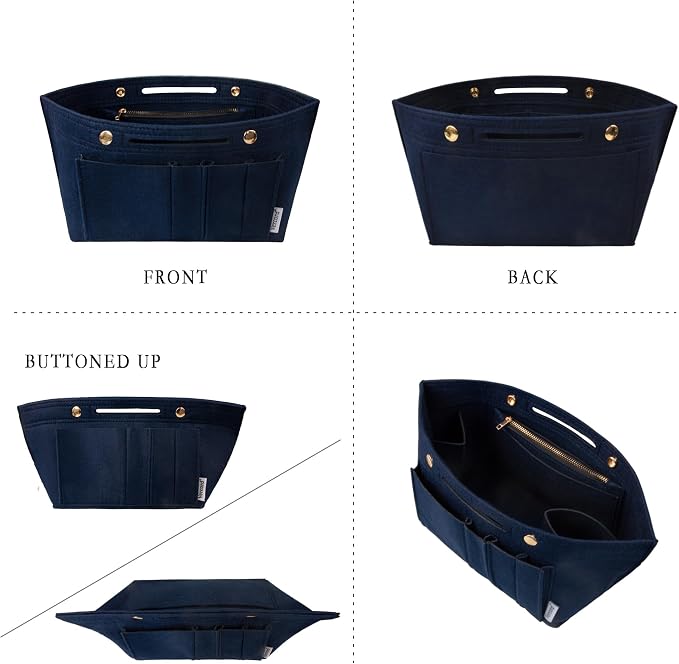 Vercord Purse Organizer Insert for Long champ Felt Organizer Insert with Zipper Handbag Insert Tote Shaper Storage Bag Navy Blue M