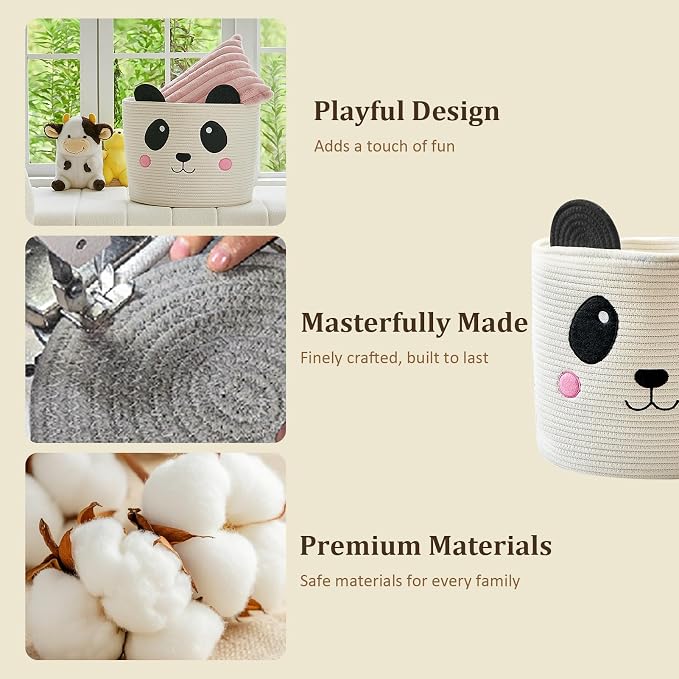 VK VK·LIVING Panda Storage Basket for Gift Foldable Cute Nursery Animal Toy Basket with Handles, Large Cotton Rope Baby Laundry Storage Organizer for Blankets Towels in Living Room Bedroom 15"D x 14"H