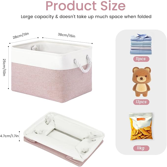 15x11x10 In Foldable Fabric Large Storage Bins with Handle 6 Pack | Organizer Baskets, Sturdy Metal Strand, Cardboard Support Molding, Storage Baskets for Shelves, Closet, Bedroom, White/Pink