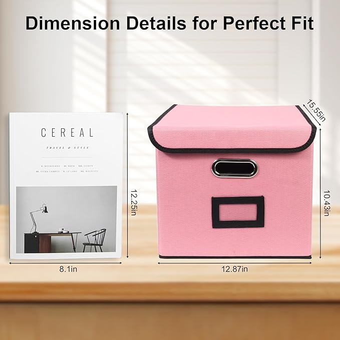 File Storage Box with Lid, 15.55x12.87x10.43 Inches, Foldable Organizer with Handles & Label Slot, for File Storage, Home, Office, and Closet Organization(2 Packs, Pink)