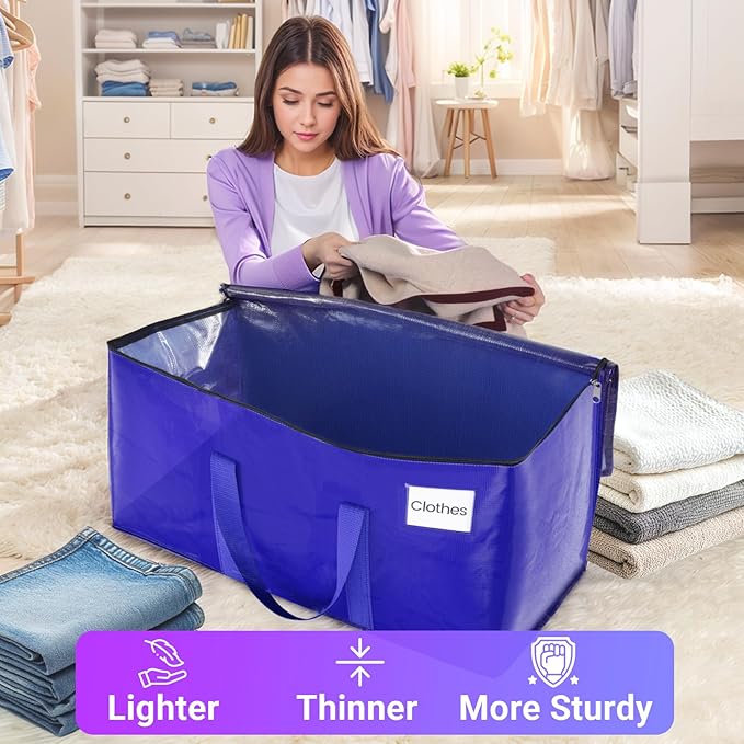 FabSpace Moving Storage Bags, Moving Supplies Packing Boxes for Moving, Camping, College Dorm Room Essentials for Girls, Blue Tote Bags, Heavy-Duty Storage Bins With Lids And Zippers, 93L 6 Pack