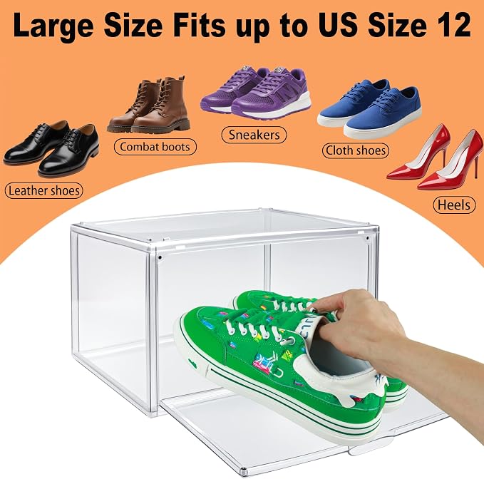 12 Pack Acrylic Shoe Boxes Clear Stackable Plastic Sneaker Display Case with Magnetic Lids, Drop Side Shoe Organizer for Entryway & Sneaker, Fits Men’s US Size 12.5