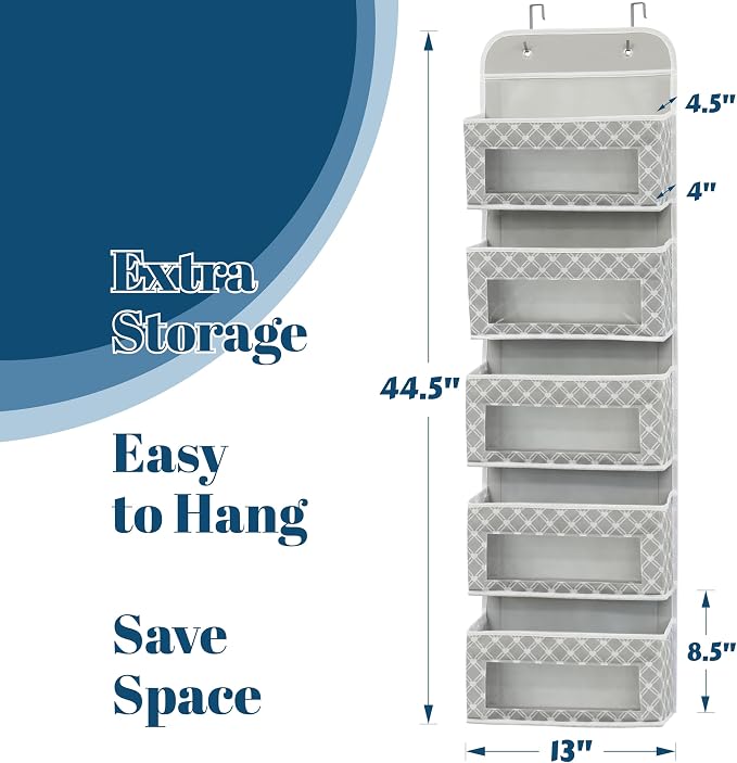 Simple Houseware 5 Clear Window Pocket Over Closet Door Storage Hanging Organizer for Bedroom, Bathroom, Pantry, Geometric Gray