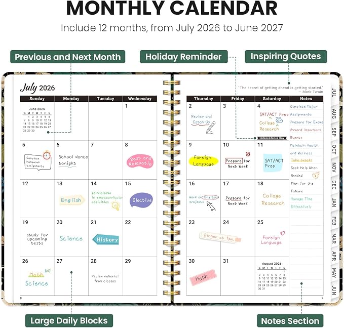 Planner 2026-2027, Hardcover Monthly and Weekly Academic Planner July 2026 - June 2027, Teacher and Student Calendar Agenda Book with Tabs, A5 (6.3" x 8.5"), Ideal for School and Office, Forest Botanica