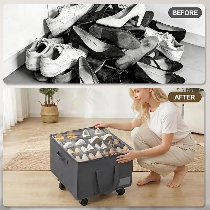 2 Pack Large Shoe Organizer for Closet, 32 Pairs Shoe Storage Box with 360° Wheels & Reinforced Handles, Adjustable Dividers, Clear Cover, Side Pocket, Foldable Oxford Fabric Bin for Entryway, Grey