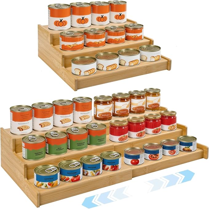 Artcochan 3 Tier Expandable Bamboo Can Rack Organizer for Pantry，Adjustable Pantry Organizers Holds Up to 24 Soda Cans,Canned Food Storage for Kitchen Cabinet Countertop