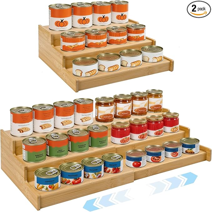Artcochan 2 Pack 3 Tier Expandable Bamboo Can Rack Organizer for Pantry，Adjustable Pantry Organizers Holds Up to 24 Soda Cans,Canned Food Storage for Kitchen Cabinet Countertop