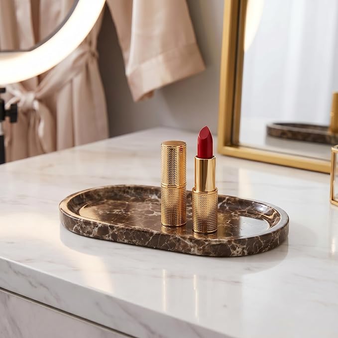 YKAJO Crystal Coffee Brown Oval Marble Tray, 9.8x4.7 Vanity Organizer Dish | Honed natural stone; jewelry & trinket dish, ring & key holder, soap & candle catchall; bath counter, dresser, coffee table