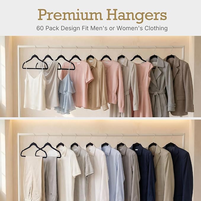 HOUSE DAY Black Velvet Hangers 60 Pack, Non Slip Clothes Felt Hanger Heavy Duty for Coat, Premium Slim Space Saving Suit Hangers for Closet Organizer, 360° Rotating Silver Hook