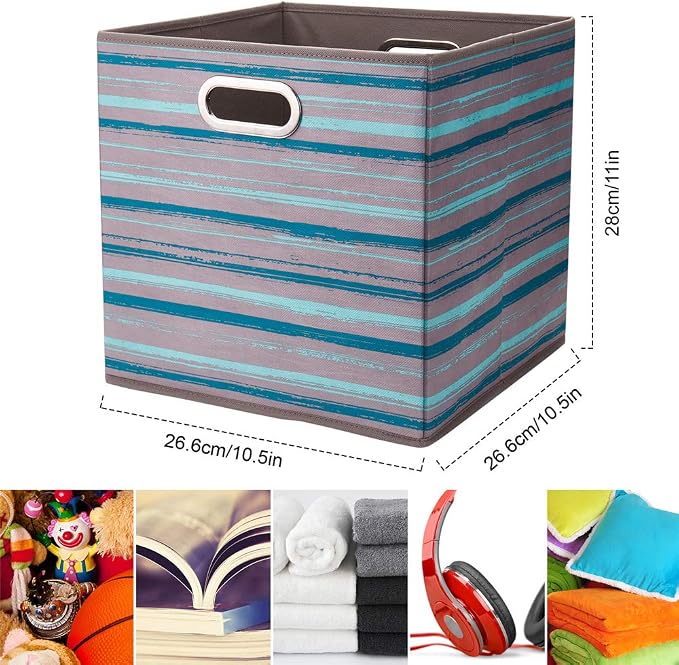 HSDT3 Cube Storage Bins Teal Stripes Gradient Lines 10.5x10.5x11 Inch Foldable Whale Coastal Print Fabric Half Storage Basketes for Home Organizers Storage Drawer,QY-SC12-3,Navy Blue-Whale(Set of 6)