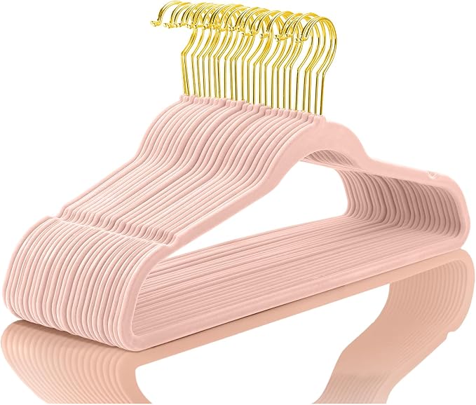 MIZGI Premium Velvet Hangers Pack 60 Pcs Heavyduty - Non Slip Slimline - Velvet Suit Hangers Blush Pink - Gold Hooks,Space Saving Clothes Hangers