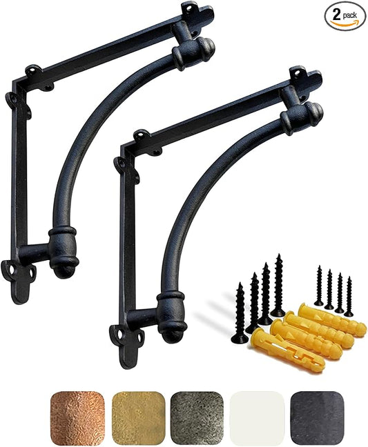 NACH Decorative Shelf Brackets, 2 Pack of 9.6 x 1.7 x 9.6 inch Black Cast Iron Shelf Brackets - Decorative Brackets for Mounting - Industrial Style Brackets