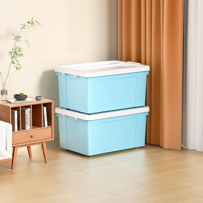 Cetomo Lidded Storage Bin with Handle, Tote Organizing Container with Wheels, Lid and Secure Latching Buckles, Stackable and Nestable, Plastic, 72 Quart-3 Pack, Blue