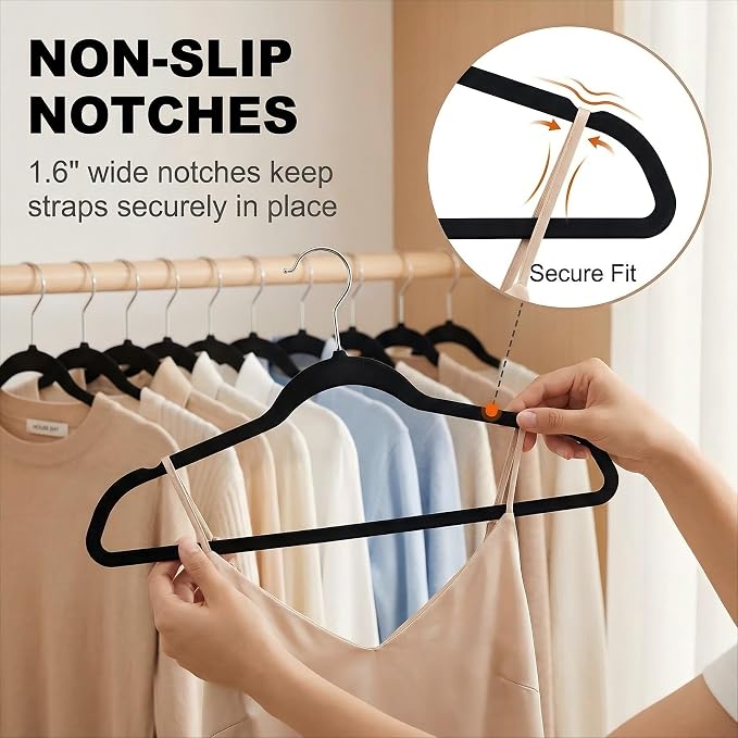 HOUSE DAY Black Plastic Hangers 50 Pack - Ultra-Thin Heavy Duty Non-Velvet | Hangers with 360° Swivel Hook & Non Slip Notches - Slim Space Saving Clothes Hangers Ideal for Dresses Coats Shirts Jackets