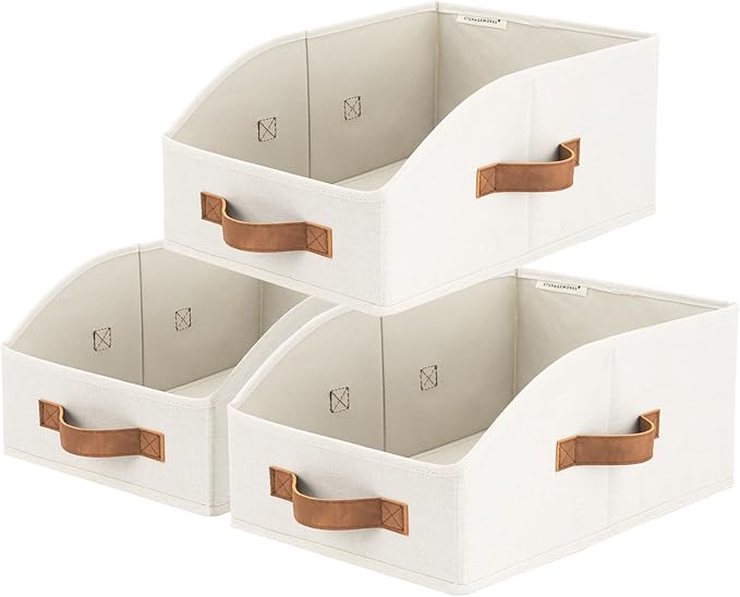 StorageWorks Closet Baskets for Organizing, Trapezoid Storage Bins, Linen Closet Organizers and Storage, Clothes Storage Baskets, Medium, Ivory White, 3-Pack