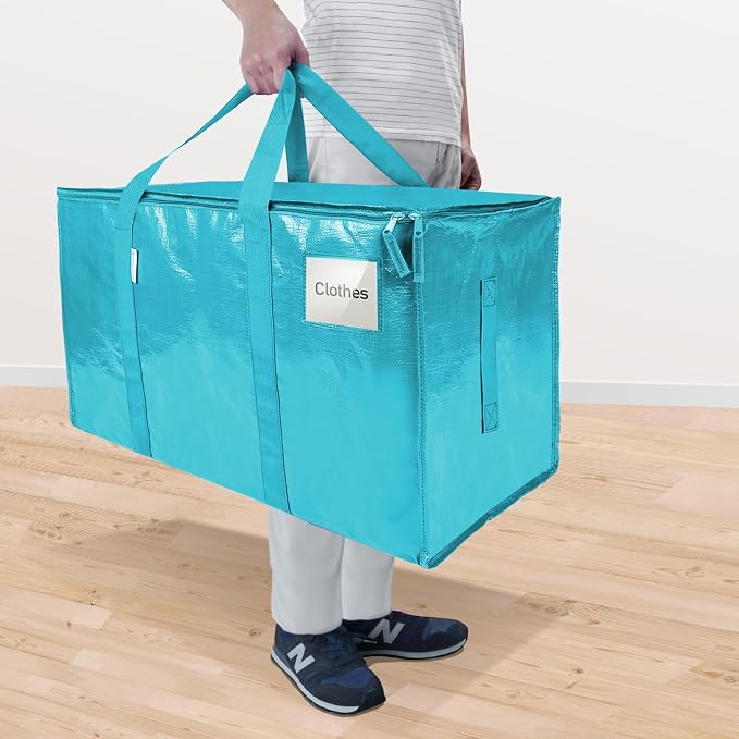 TICONN 4 Pack Extra Large Moving Bags Heavy Duty with Zippers & Carrying Handles, Durable Storage Bags Moving Boxes for Closet Organizers and Storage (4 Pack, Aqua)