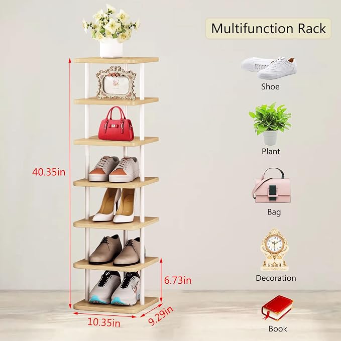 SORCEDAS 7 Tiers Vertical Shoe Rack Wooden Shoe Storage Organizer for Space Saving Narrow Shoe Shelf Storage 7 Pairs for Entryway Living Room Bedroom(White+Oak)