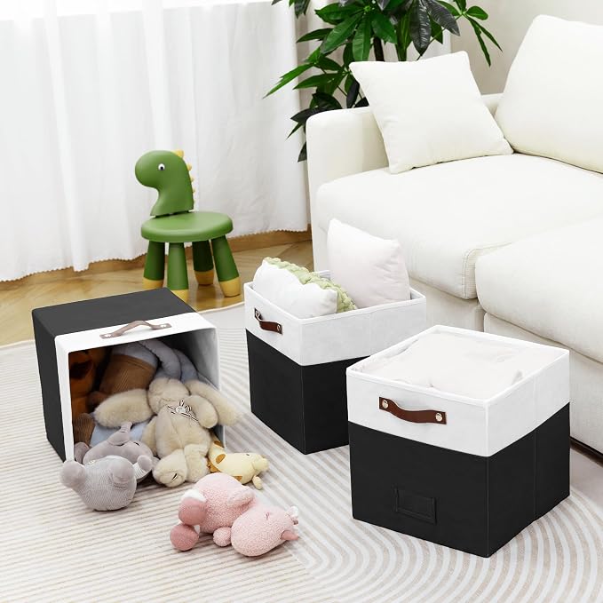 FinishingBo 6-Pack Storage Cubes with Handles & Label Holders Basket, Closet Cube Home Organizer Bins(White/Black, 13 x 13 x 13 inch)