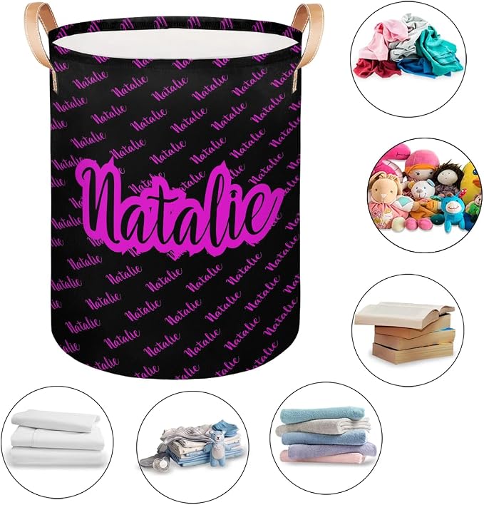 Personalized Laundry Basket, Custom Gift Laundry Hamper, Collapsible Nursery Waterproof Laundry Baskets, Dirty Clothes Toy Hamper with Handles Name Text Black Purple